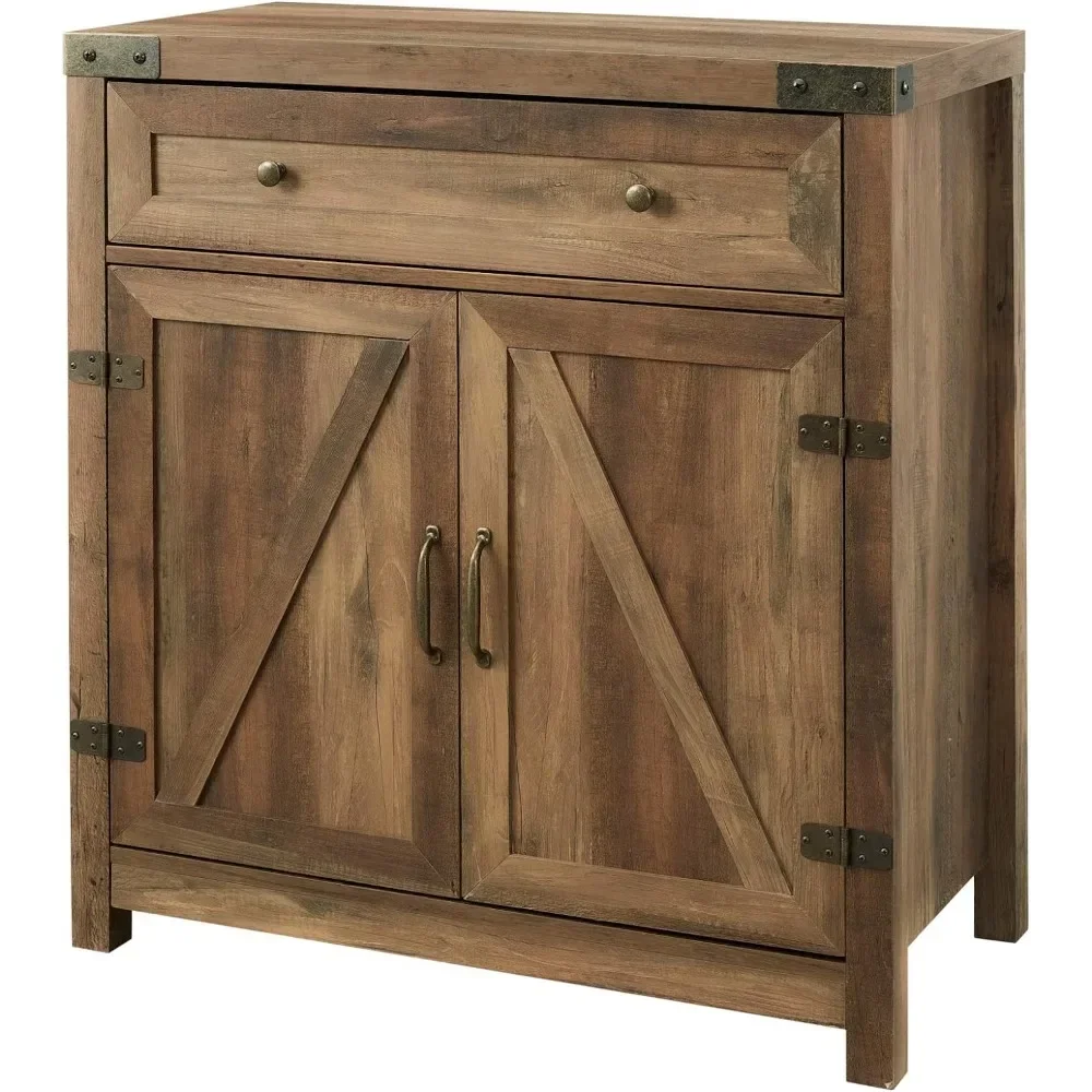 Double barn door specialty cabinet, 30 inches, rusty oak, no fireplace, 2 adjustable shelves, 1 with retractable drawers