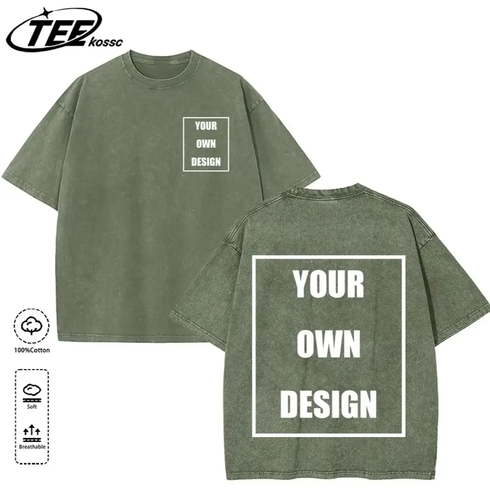 Custom Your Logo Print Summer Cool Snow Wash T-Shirt Cotton Casual Loose Short Sleeve Fashion Retro Tee Soft Couple Streetwear