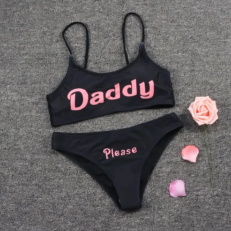 2025 Badpak Kom Hier Papa Alfabet Print Split Bikini Zomer Strand Micro Bikini Badpak Vrouwen Sexy Biquine Brasileiro