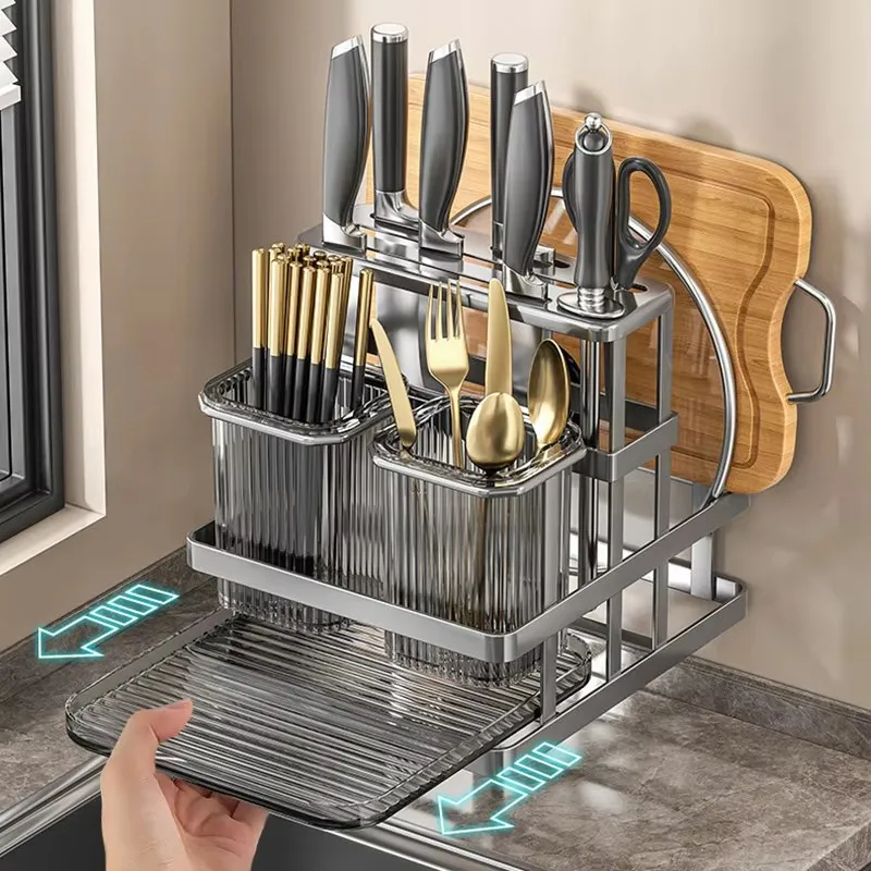 Wall Mounted Kitchen Organizer Knife Rack Cutlery Organizer  Spoon Fork Chopstick Drain With Drain Tray  Board Drain Shelf