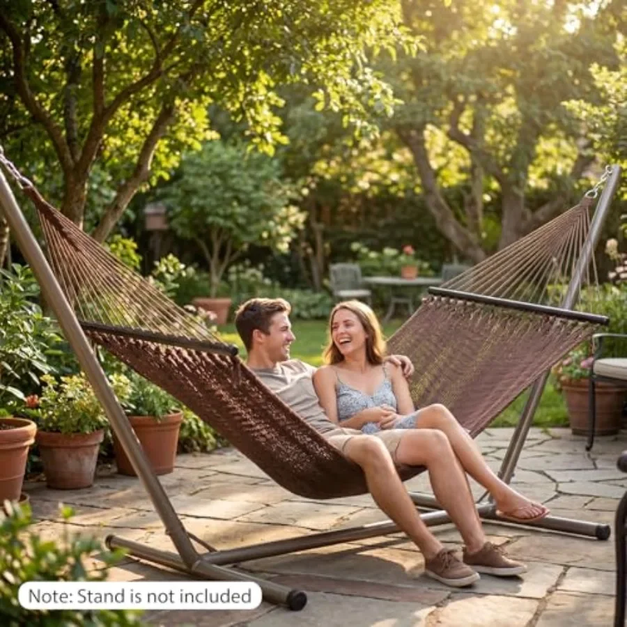 Outdoor 2-person Caribbean double hammock with curved spreader bars, soft-spun polyester rope, blue color, 600 lbs max load, po
