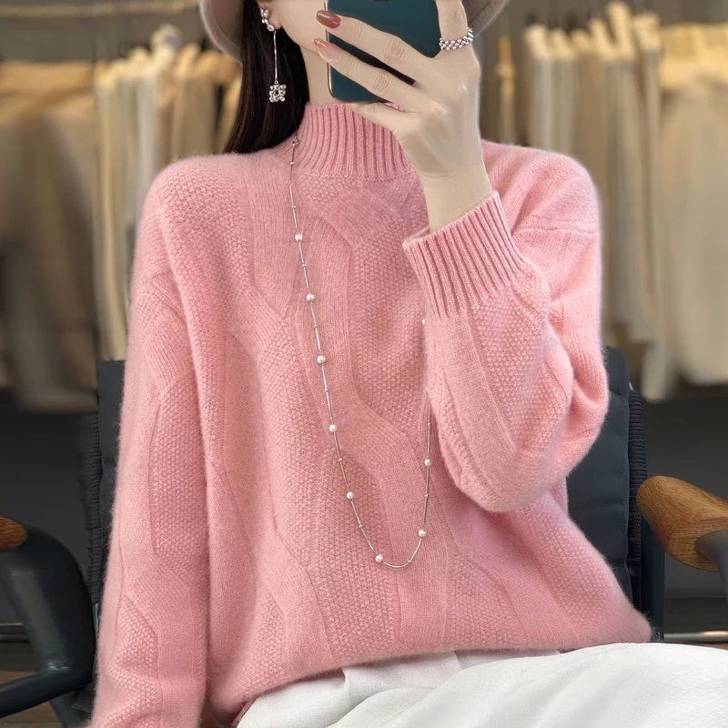 Women\'s pullovers fall/winter high-quality soft 100% merino wool sweater with half high neck and thick cashmere sweater top.