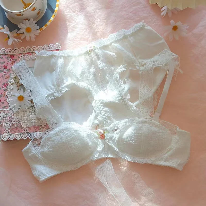 

Sexy white lace bra underwear set cotton strapless bra suit Japanese brassiere small chest bra and panty set cute btalette