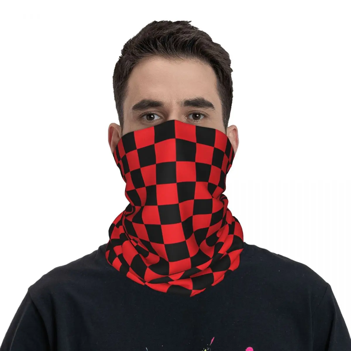 Couvre-cou bandana en damier rouge et noir pour adultes, cagoule ronde, cagoule de cyclisme, unisexe, respirant