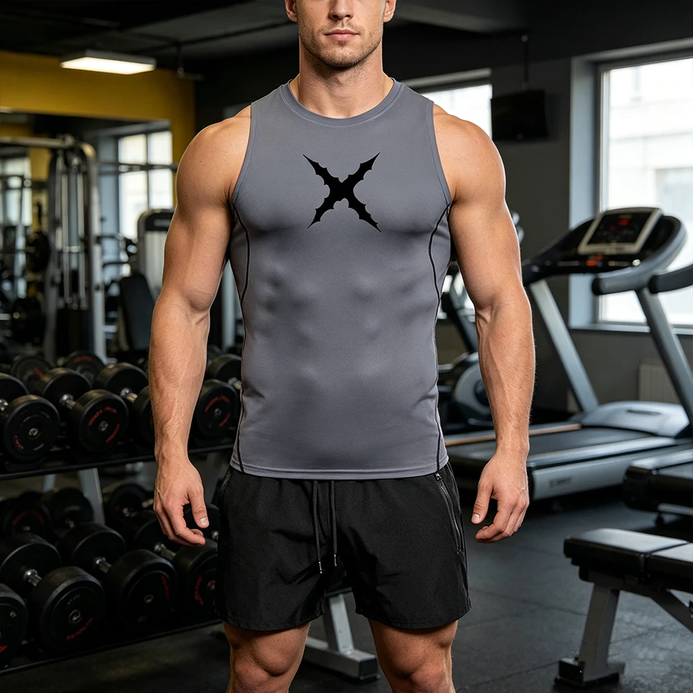 Conjunto de Roupas Esportivas Masculinas em 2 Peças Sem Mangas, Camiseta de Compressão e Calções de Secagem Rápida com Estampa Gótica X Thorns para Fi
