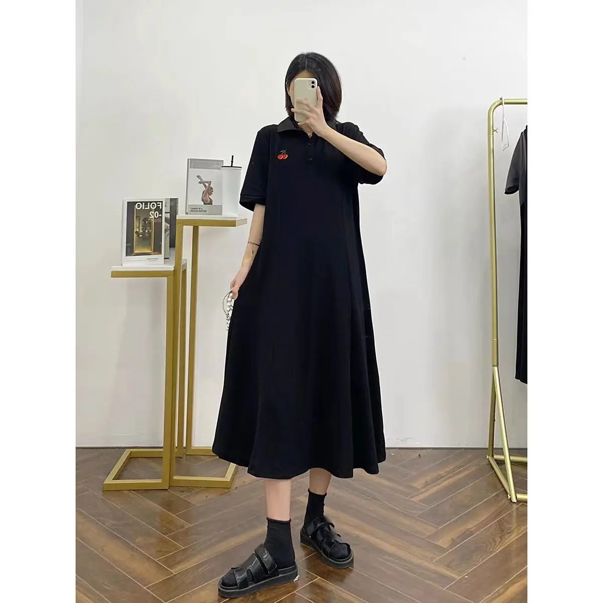 Plus Size 5XL 150KG Women Black Dress Turn Down Collar Dress Short Sleeve Strawberry Ladies Casual Large Summer Dresses