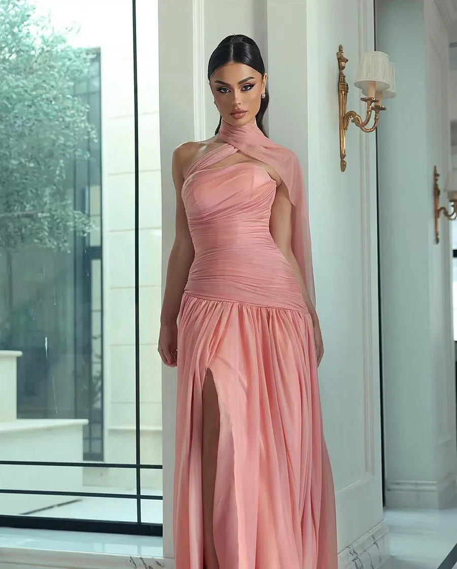 Pink Classical Evening Dress Pleats with Shawl Satin Mermaid Romantic Prom Gown Strapless Backless Robes Vestidos De Gala Custom