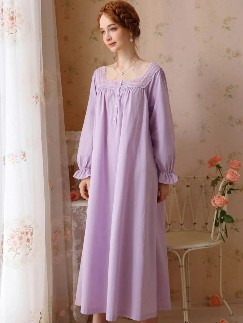 

French Victorian Princess Cotton Lace Nightgown Women Sweet Girls Spring Autumn Long Sleeve Vintage Pajamas Sleepwear Nightwear