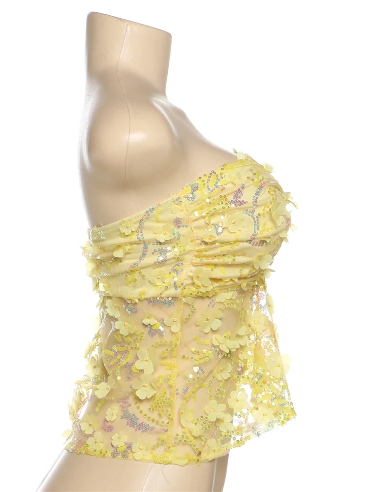 Patchwork Strapless Women Tanks Solid Pleated See Through Cross Sequins Splice Crop Vests Female Sexy Sweat Summer Tops