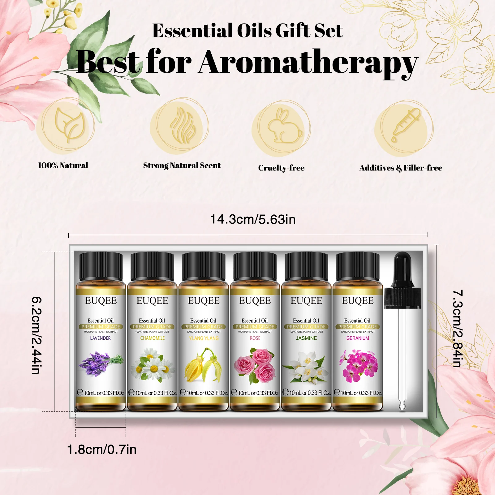 EUQEE Floral Essential Oils Set Of 6 Bottles For Diffuser,Candle Making-Rose Lavender Ylang Ylang Jasmine Geranium Chamomile