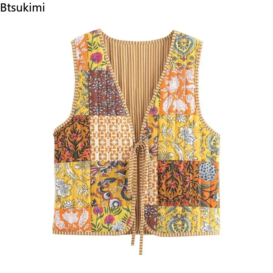 2025 Autumn Winter Women National Style Sleeveless Patchwork Floral Print Quilted Vest Jacket Fashion Ladies Lace Up WaistCoat