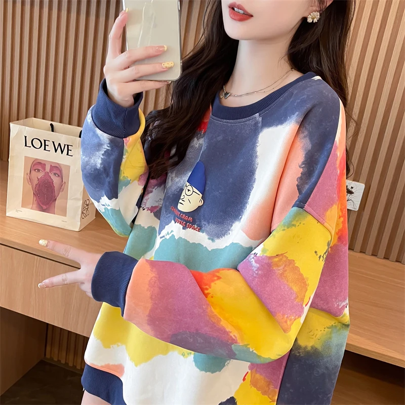 Early autumn design sense niche hoodie women spring autumn 2024 new Korean version of loose large size small tie-dye top