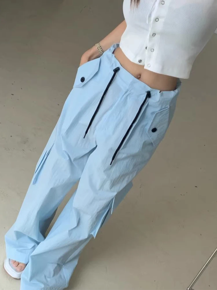 

SuperAen 2024 Korean Chic Summer Retro High Waisted Drawstring Side Pockets Loose Workwear Straight Leg Pants