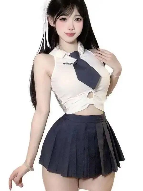Sexy Studentenuniform, süßes süßes Kleid, blaue Krawatte, ärmellos, charmant, elegant, schön, verlockend, kurzes Kleid für kleine Mädchen, MQWA