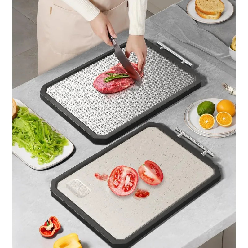 2025Double Sided Cutting Board 304 Stainless Steel & Wheat Straw  Scratch Resistant Mesh Design, Non-Slip Edge (Black,16.3