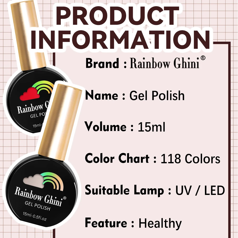Rainbow Ghini 118 สี 15ml นีออนเจลเล็บยาวนานเลื่อมกึ่งถาวรเล็บอุปกรณ์ศิลปะสําหรับมืออาชีพ