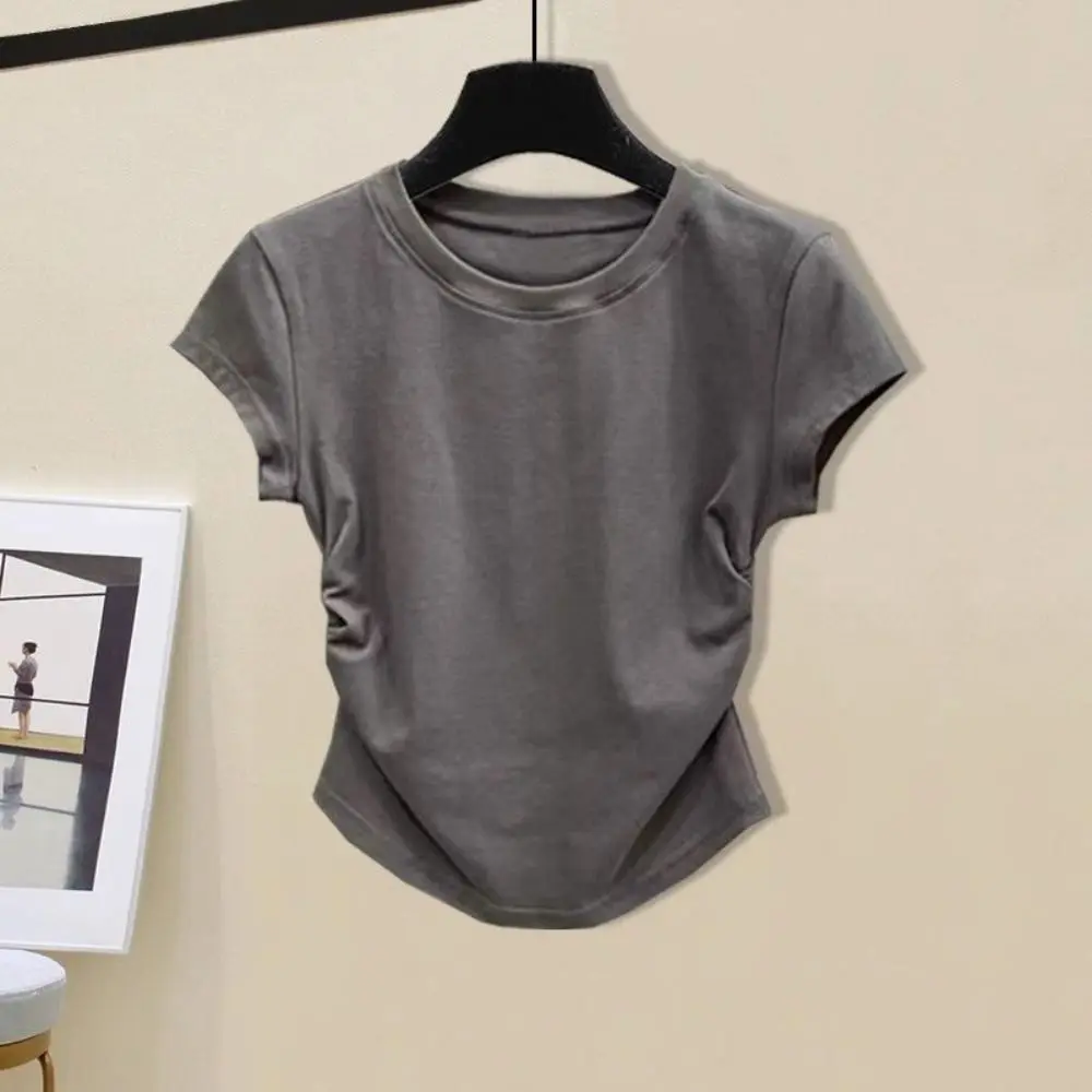 Trendy Solid Color Summer Short Sleeves Round Neck Spice Girl Slim Fit T-shirt Pleated Top for Women Girl