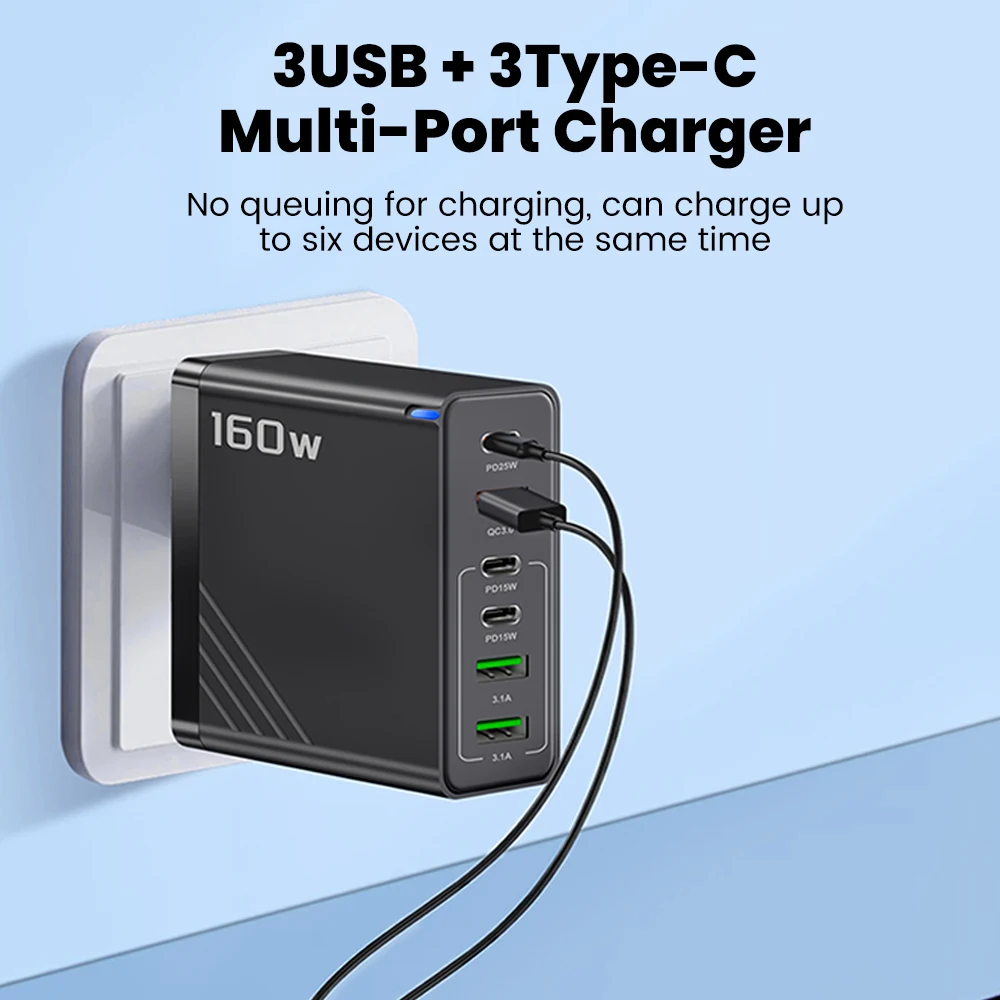 Elough 160w 3 Type C + 3 USB 6 Ports Charge rapide chargeur de téléphone portable QC 3.0 Super adaptateur de Charge pour POCO Oneplus Samsung Huawei
