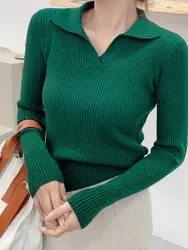 2024 Women's Autumn Winter Pullover Solid Base All Match Sweater Lapel Polo Neck Knitted Bottoming Top