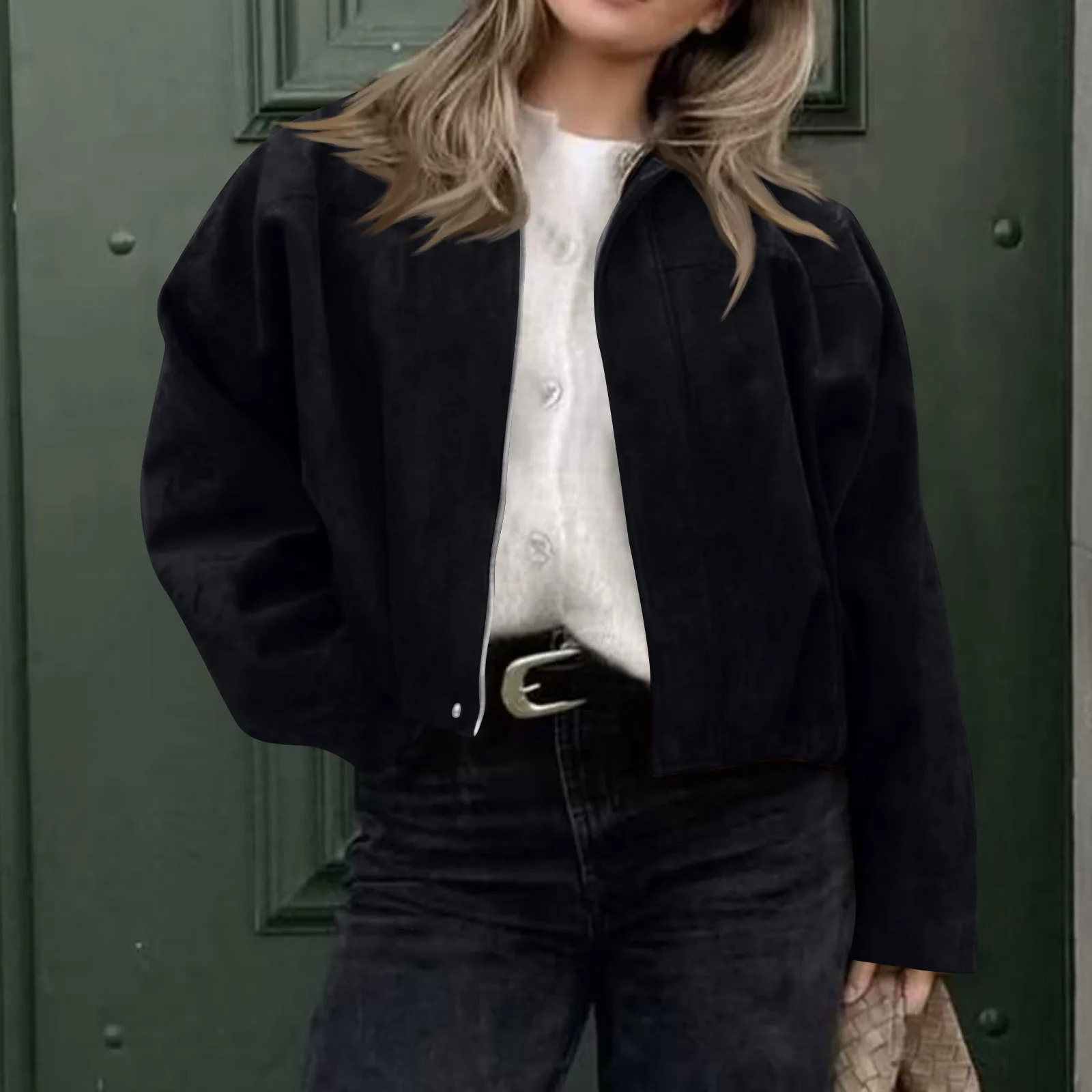 Nuovo 2025 Giacca bomber strutturata in pelle scamosciata da donna Manica lunga Colletto con risvolto Cappotti larghi Casual Vintage Capispalla femminile Chic Top