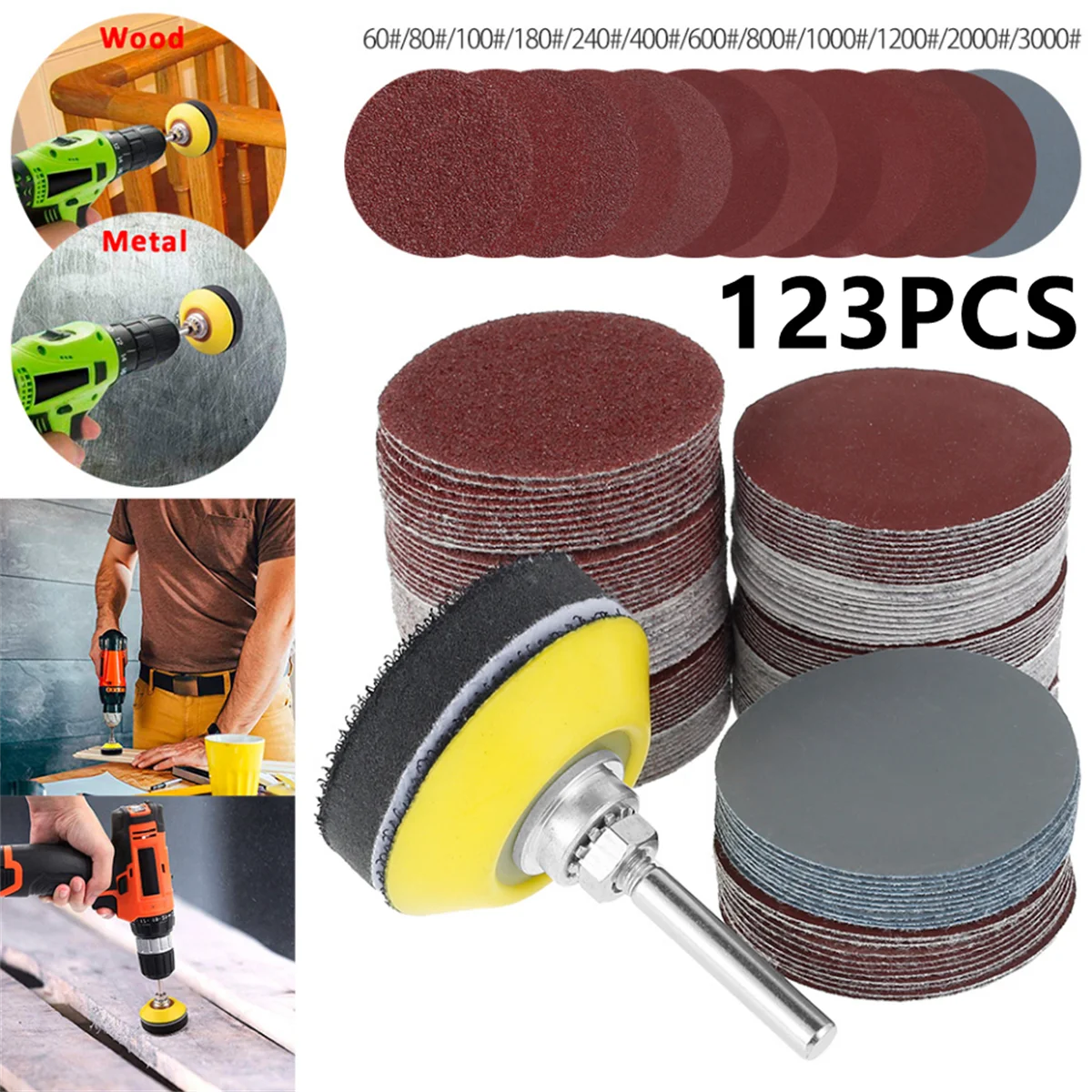 

123Pcs 50mm Sandpaper Assortment 60-3000 Grit Sanding Disc Pad Set 2Inch For Drill Grinder Rotary Tools With Disk Pole Cushion