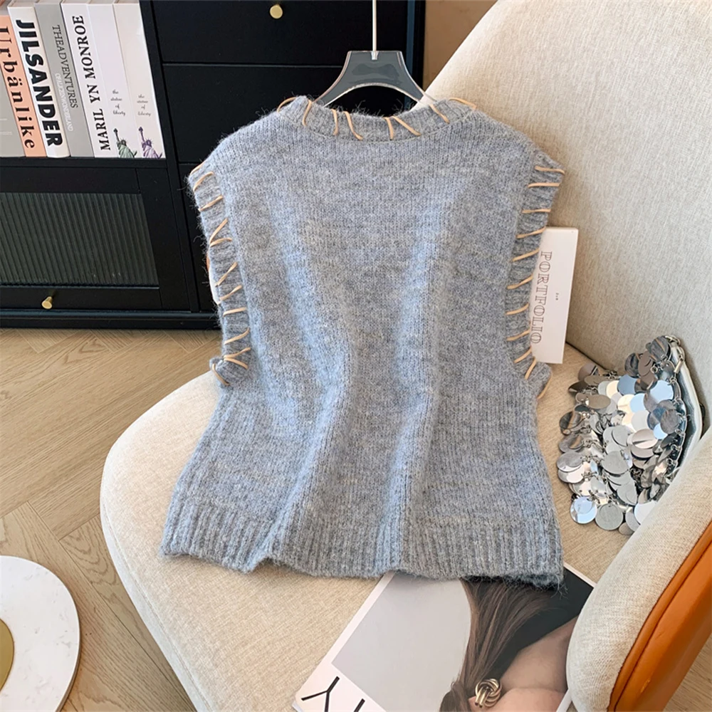 

Женский серый пуловер с узором, вязаный свитер с круглым вырезом, жилет Harajuku, винтажный свободный кашемировый свитер Y2k, жилет 2000-х годов, осень-зима