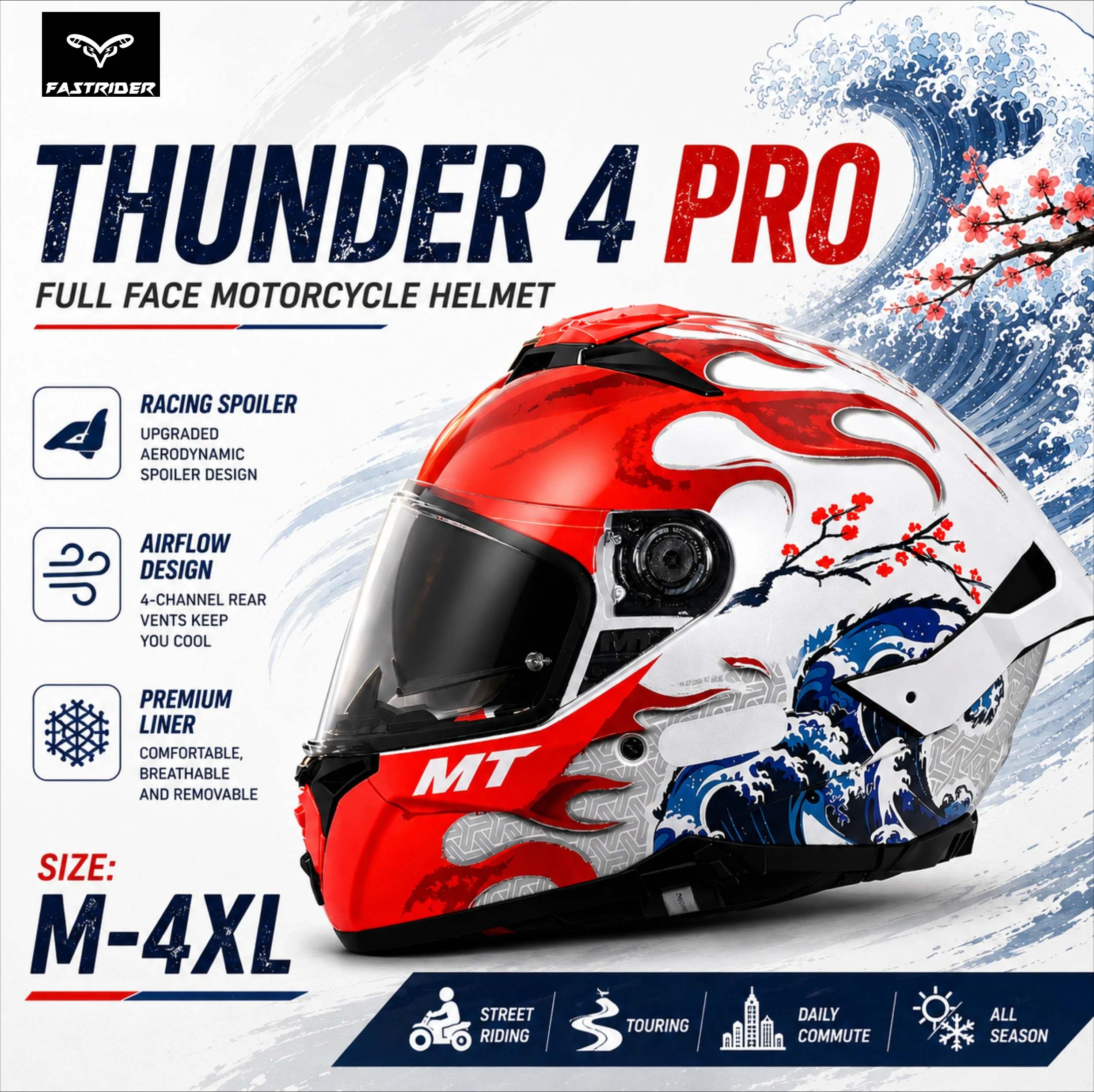 MT Thunder 4 Pro Full Face Motorcycle Helmet Dual Visor Racing Spoiler Breathable Liner Street Touring Riding Helmet