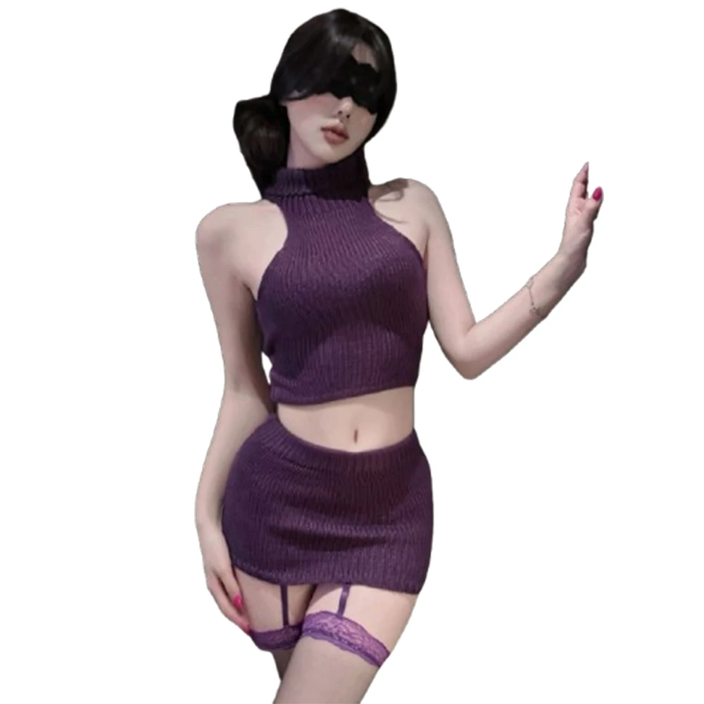 

Sexy Purple Knit Lingerie Set, High Neck Crop Top & Bodycon Mini Skirt with Lace Trim Stockings for Women's Charm Role Play