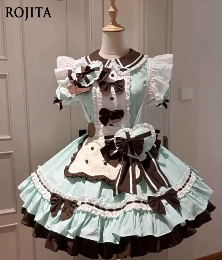 

Cookie Mint Chocolate Heart Cute Maid Lolita Dress Women Summer Small Cake Short Dress Lolita Dress + Apron + Bowknot