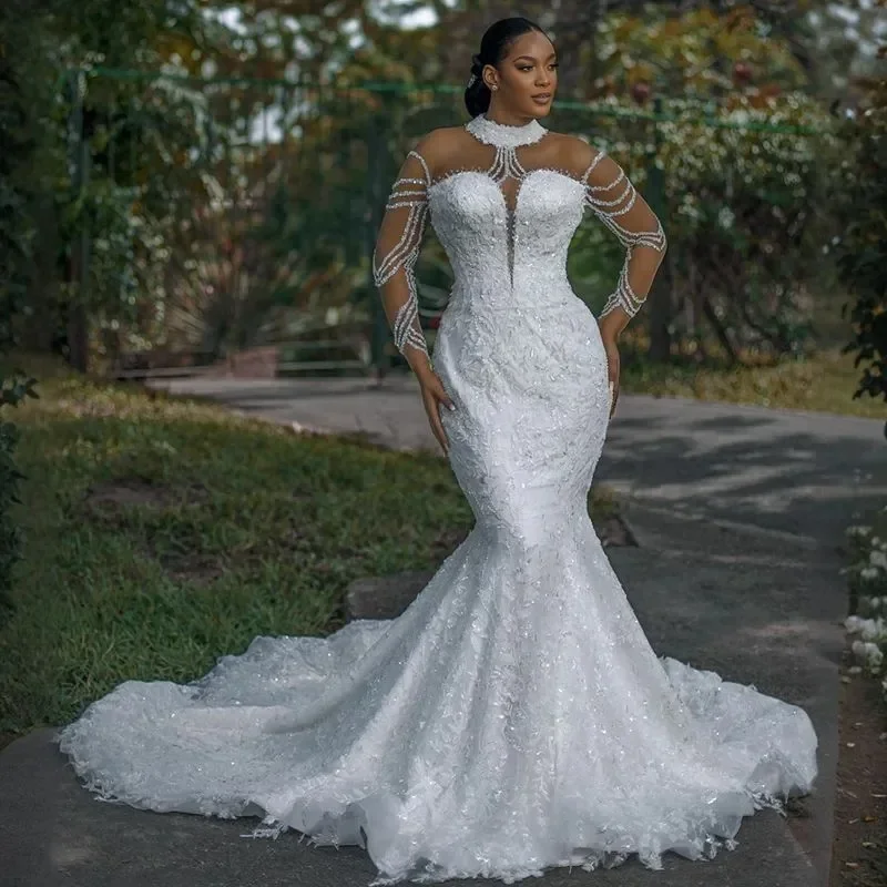 Abito da sposa Aso Ebi personalizzato taglie forti Abiti da sposa per la sposa Collo alto Illusion Maniche lunghe Tulle a strati Sirena 3D Perline