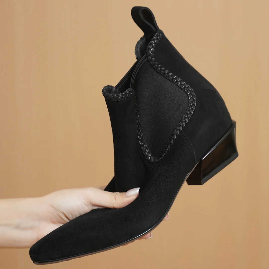 

Women's natural suede leather elastic fabric patchwork square toe slip-on autumn ankle Chelsea boots 3.5cm thick low heel shoes