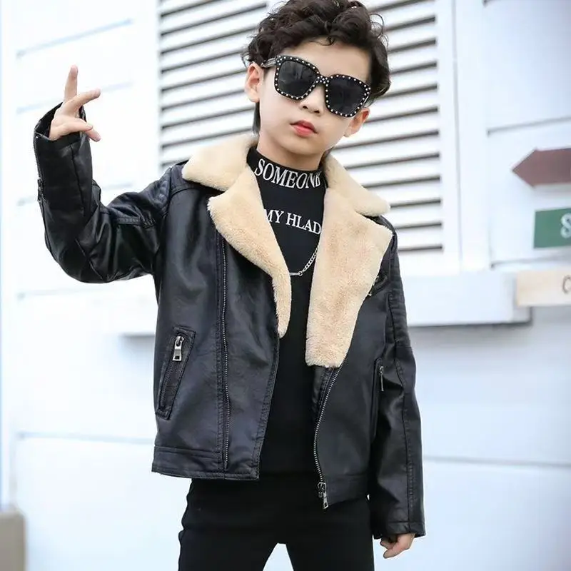 

Boys' Leather Motorcycle Jacket Autumn And Winter Korean Style Small to Medium Sizes Lapelled Children's Coat Thickened Warmth