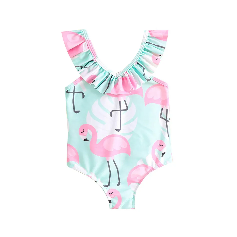 Girl's Summer V Nneck Small Fresh Style Sling One Piece Swimsuit Girl's Flamingo Print One Piece Swimsuit