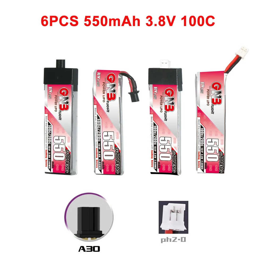 6PCS GNB 550mAh 1S 3.8V 100C HV 4.35V Lipo Battery With A30 Connector PH2.0 For RC FPV Drone DIY Plug VS BETAFPV BT2.0 450mAh 1S