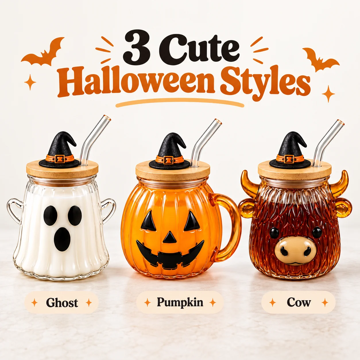 Halloween Glass Straw Cup with Bamboo Lid Ghost Pumpkin Cow Mug Reusable Beverage Cup Party Drinkware Gift Home Decor Bottle