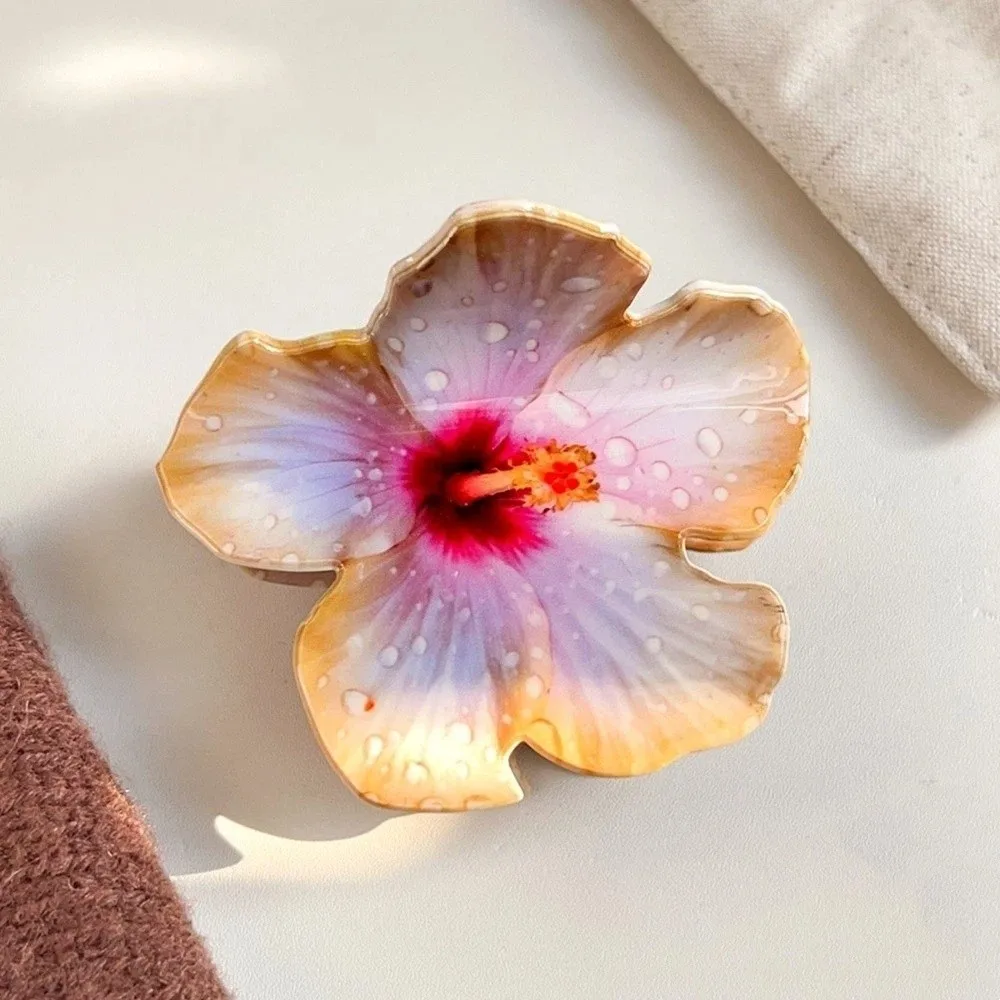 Acrylic Hibiscus Flower Hair Clip Vintage Forest Style Bohemian Claw Clip Colorful Luster Artificial Flower Headpiece