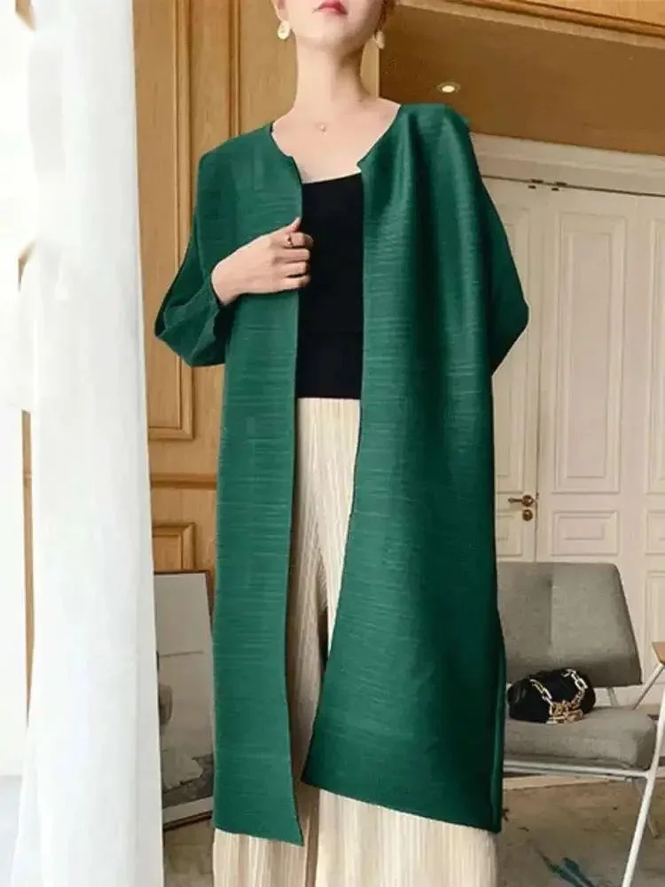 Color Women Solid Open Stitch Long Sleeve Trench Female Loose Fashion Pleated Windbreaker 2024 New Spring LLQ6
