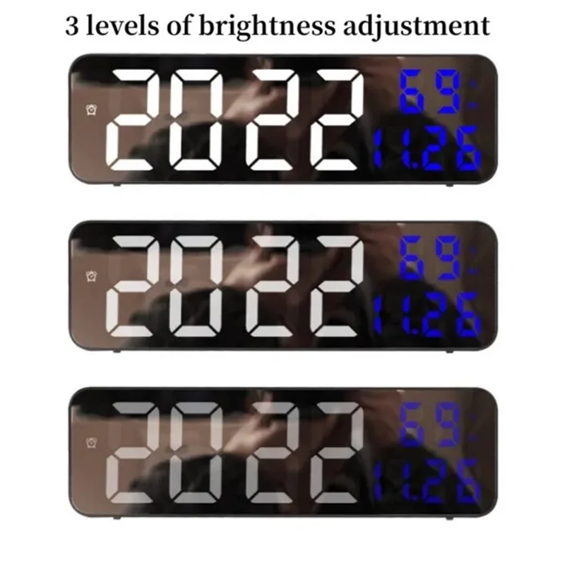 1pc Led Large Screen Digital Mirror Wall Clock Adjustable Brightness Temp Humidity Date Display Alarm Clocks Home Decoration