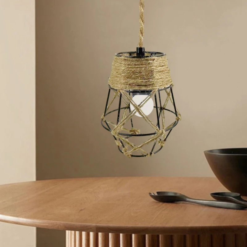 Linen Rope Rattan Lampshade Hand Woven Lamp Shade Boho Geometric Light Cover Chandelier Hanging Pendant Lamp Cover Light Fixture