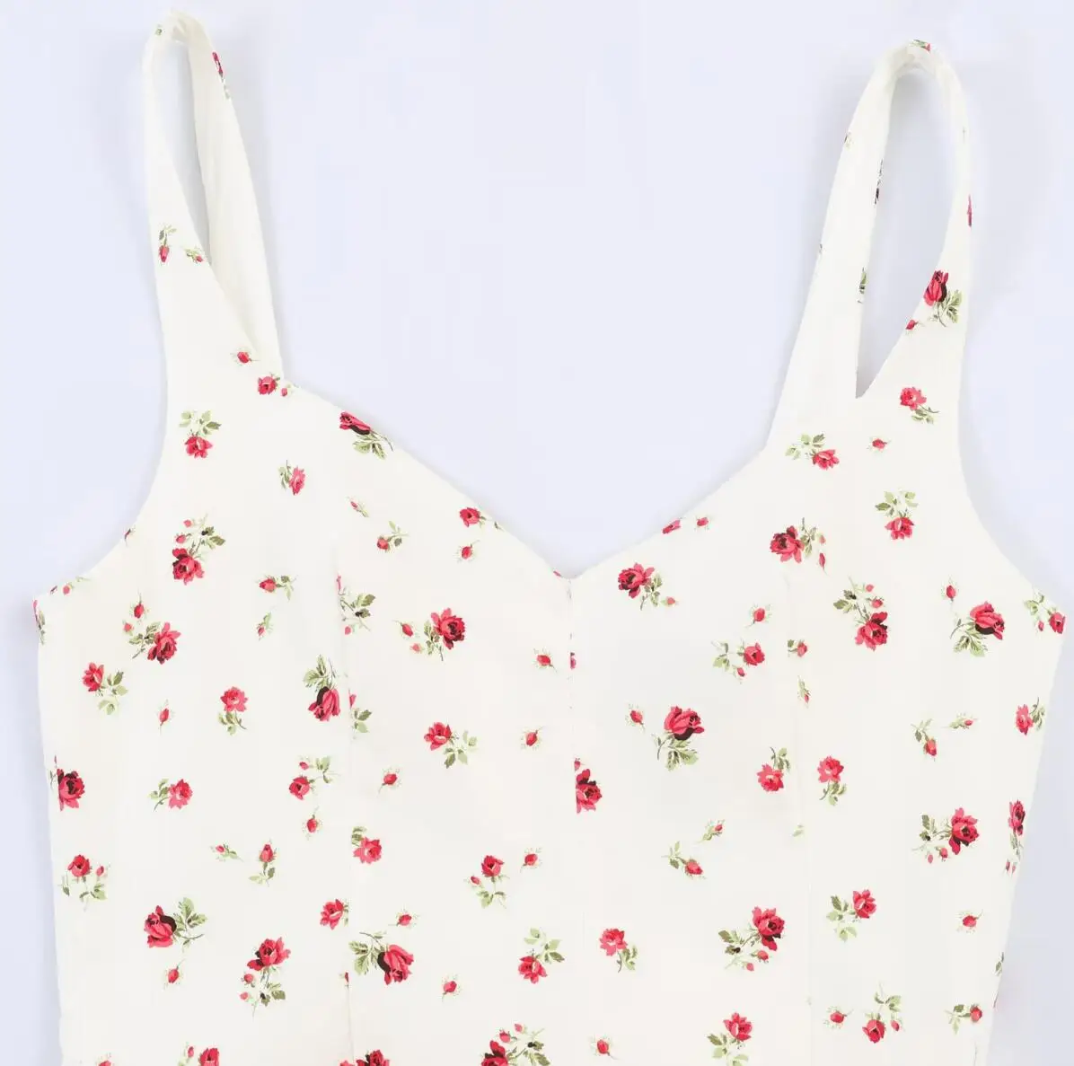 Sexy Beige With Red Floral Print V Collar Sling Mini Dress Women Backless Low Waist Ruched Swing Dresses Femme Vestidos Robe