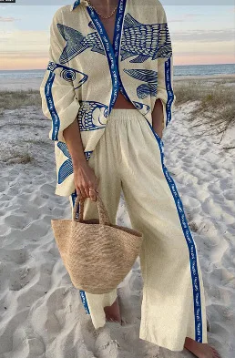 Ensemble 2 pièces imprimé Boho, chemise ample à manches longues et boutons, taille haute, pantalon à jambes larges, nouveau Style de vacances, printemps
