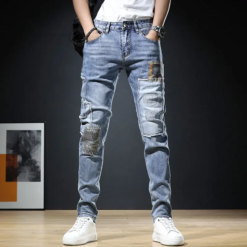 Autumn New Arrival Men\'s Jeans: Elastic Embroidered Patchwork Hip Hop Denim Pants Korean Style Slim Fit Cotton Trousers for Men