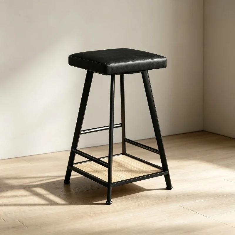 Square Padded Top Metal Frame Bar Stool Lower Storage Shelf Footrest Counter Stool For Cafe Kitchen Island Bar