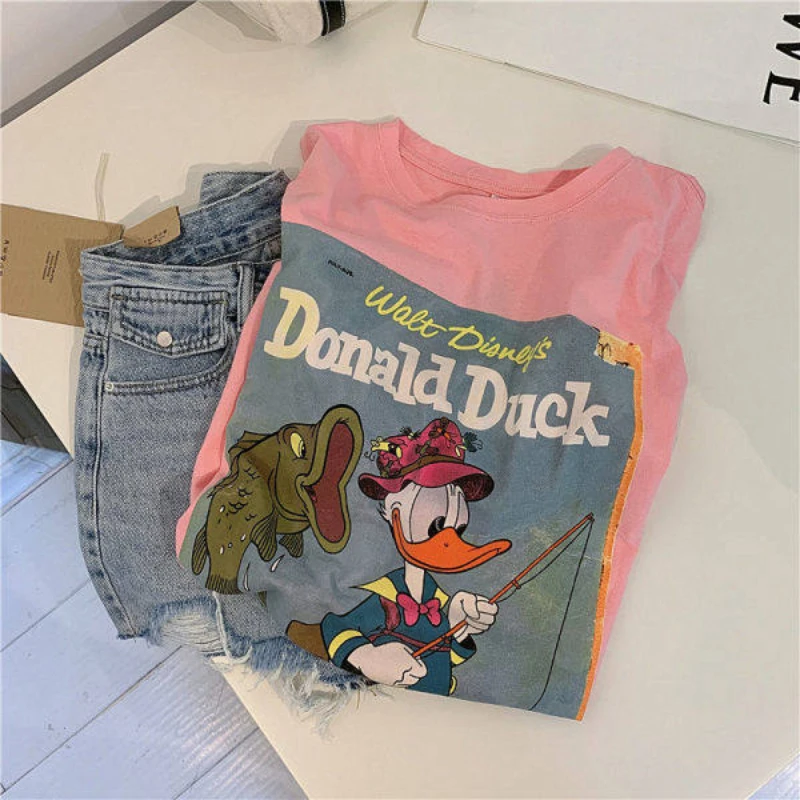 Disney Brand Cotton T-Shirt Children Donald Duck Hip Hop Kids T-Shirt Short Sleeve 2022 Summer Y2k Tshirts for Boy and Girl