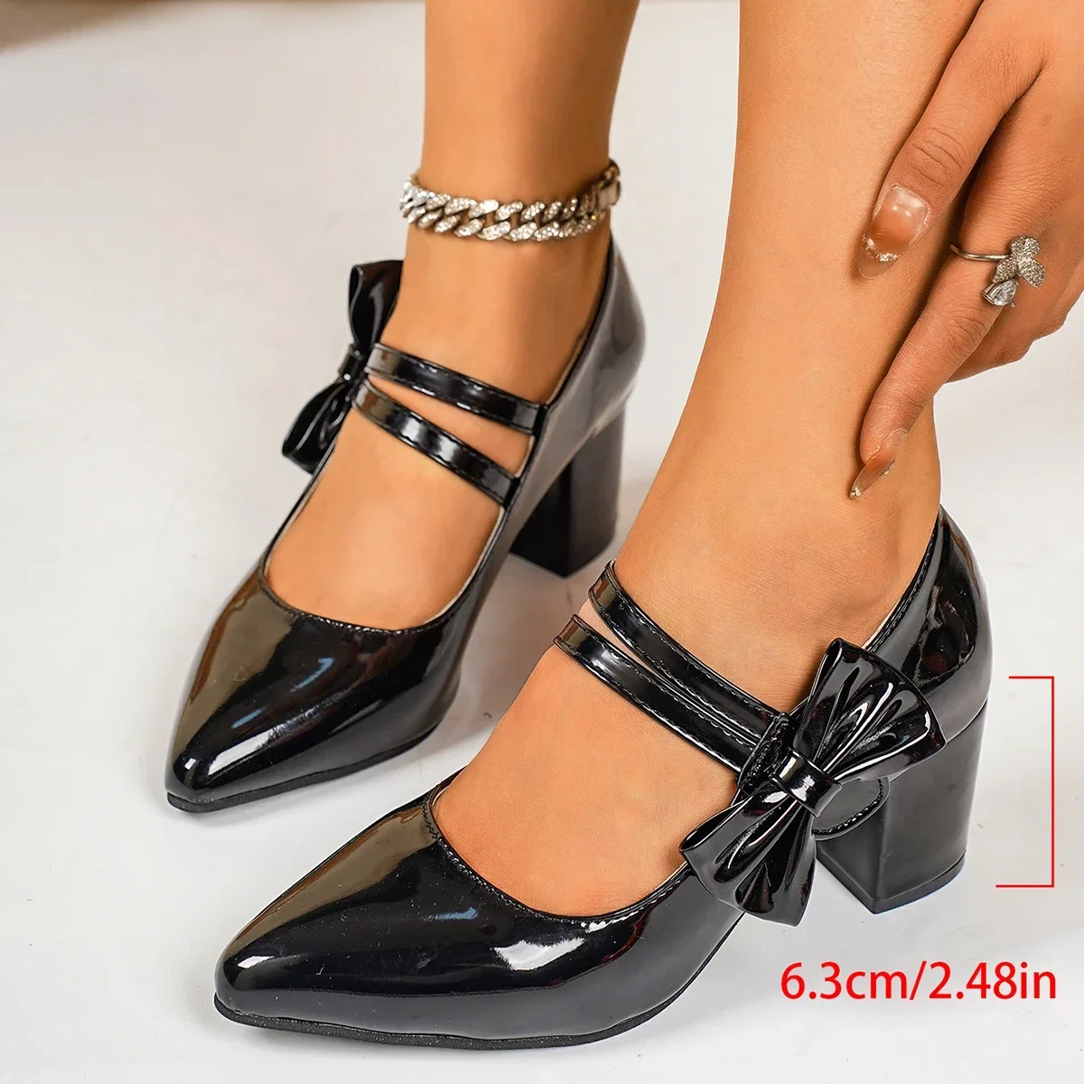 Damen-Spitzschuhe mit Blockabsatz für Partys, Modische Damen-Einriemen-Schuhe, Rutschfest, Verschleißfest, Büro-High-Heels, Größe 35-42 – Detail 9