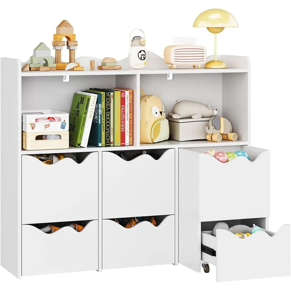 

White 34.5 Wide Toy Storage Organizer with Display Shelf, Open Cubbies, and 3 Drawers for Books and Playroom