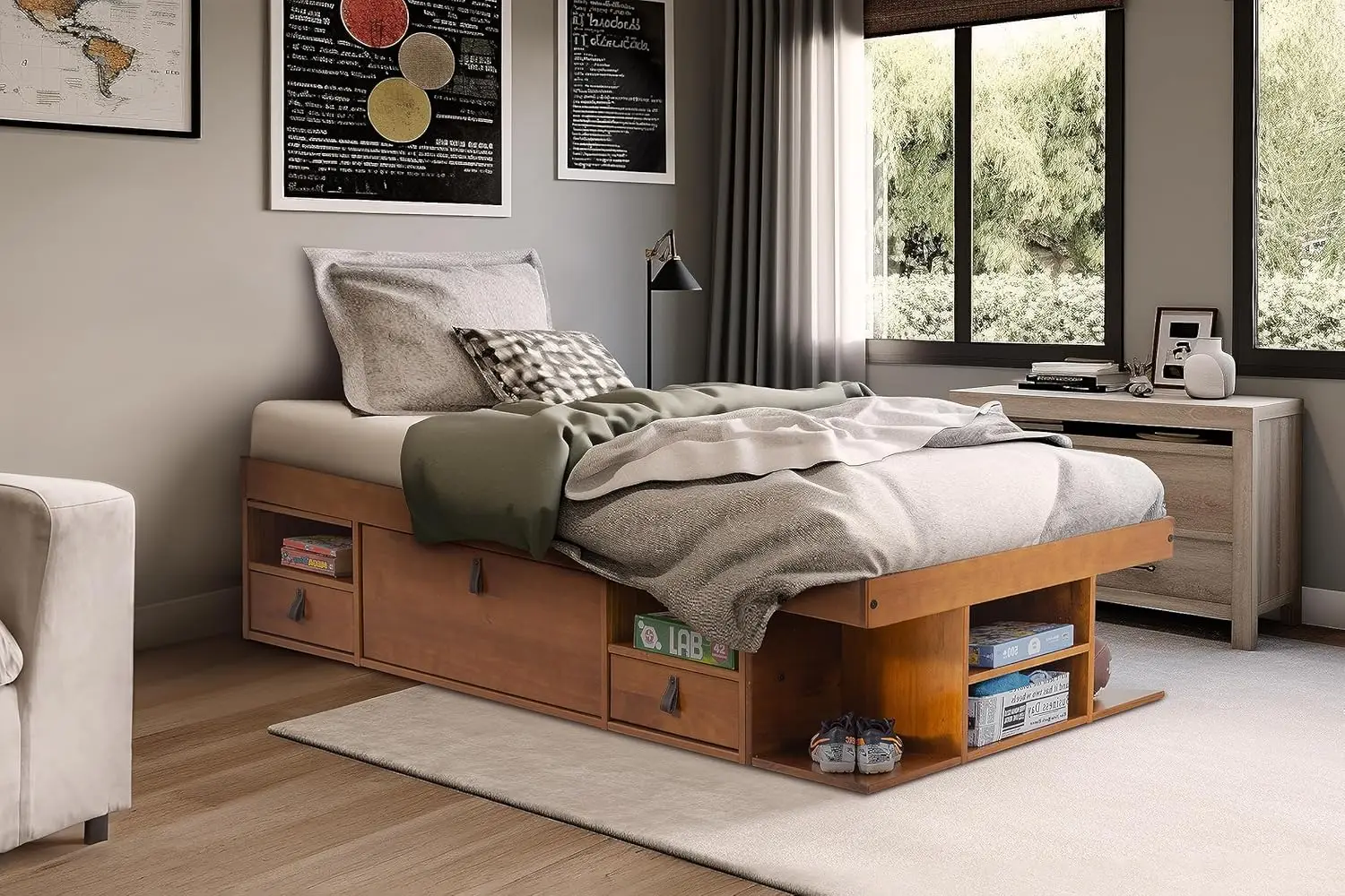 

Bali Storage Platform Bed with Drawers (Twin Size, Oak Brown Wood)