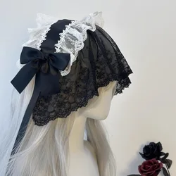 Gothic Black Lace Veils Maid Headdress Ruffled Lace Headpiece Lolita Cosplay Headwear Costume Accessories