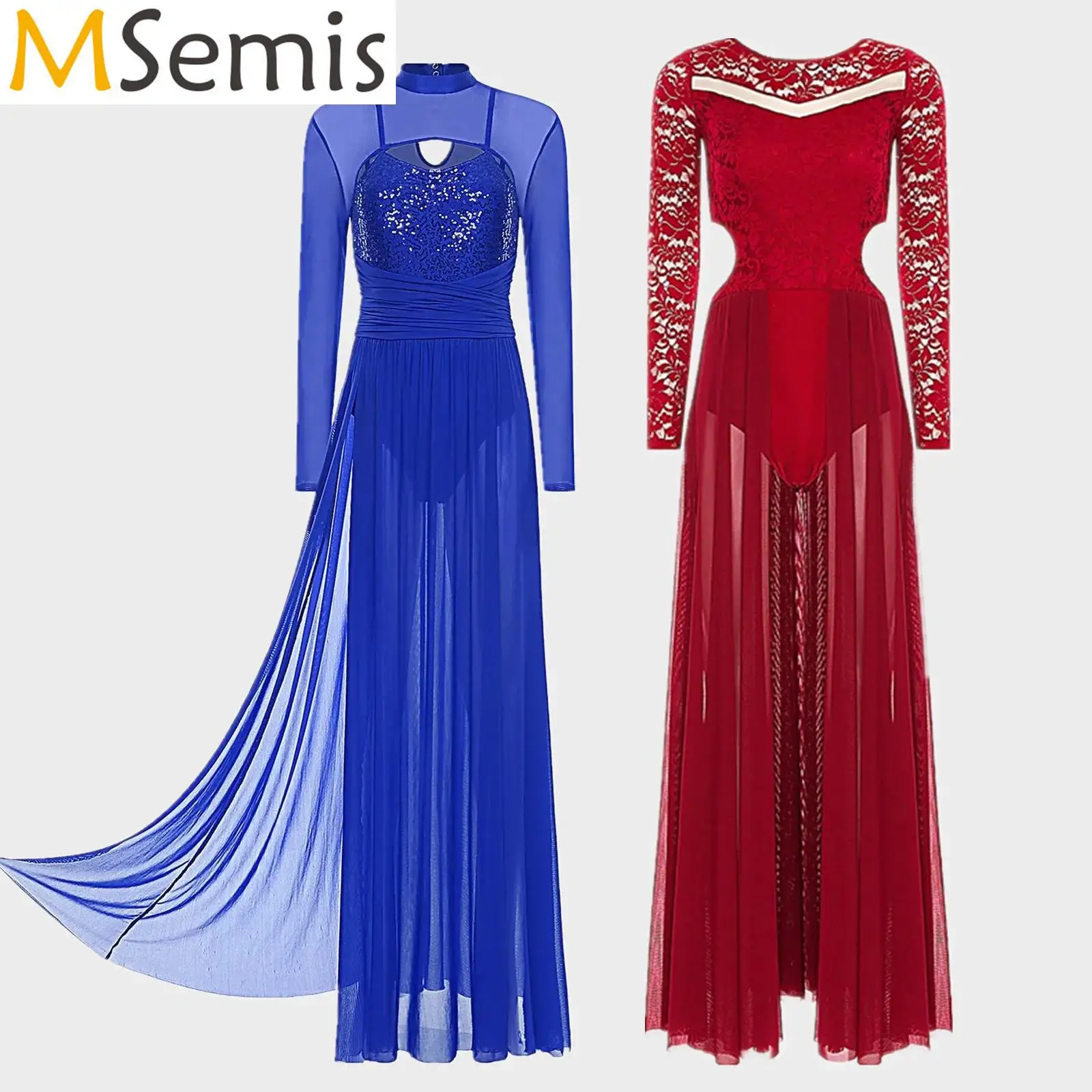 

Adults Women Lyrical Contemporary Ballet Modern Dance Costume Floral Lace Flowy Mesh Built-In Crotch Press Buttons Briefs Dress