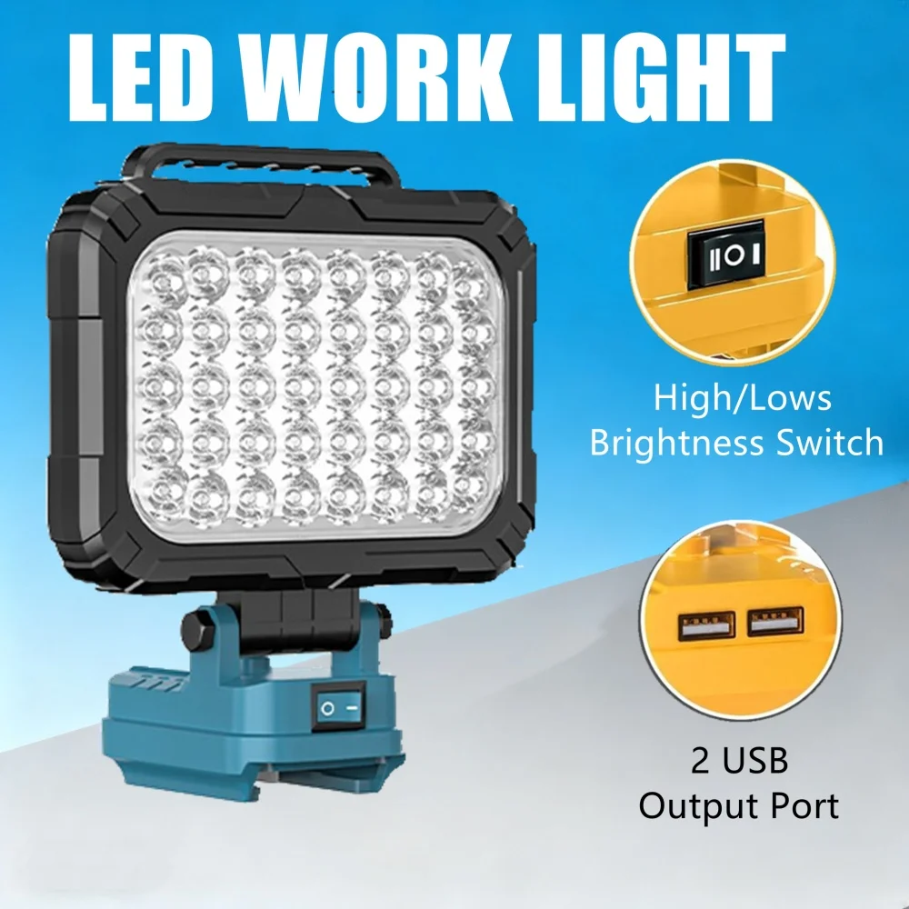 Portable 3Inch LED Work Light With Dual USB For Milwaukee For Makita For Dewalt 18V 20V Li-ion Battery Cordless Flashlight Light